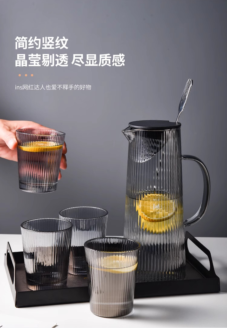 批发高颜值轻奢凉水壶家用耐高温玻璃果汁壶大容量竖条纹冷水壶 pic 2