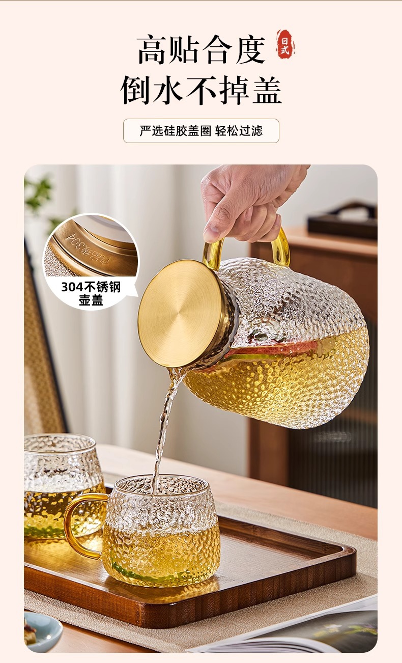 工厂直供高硼硅玻璃水壶家用耐高温轻奢冷水壶圆形锤纹凉水壶套装详情4