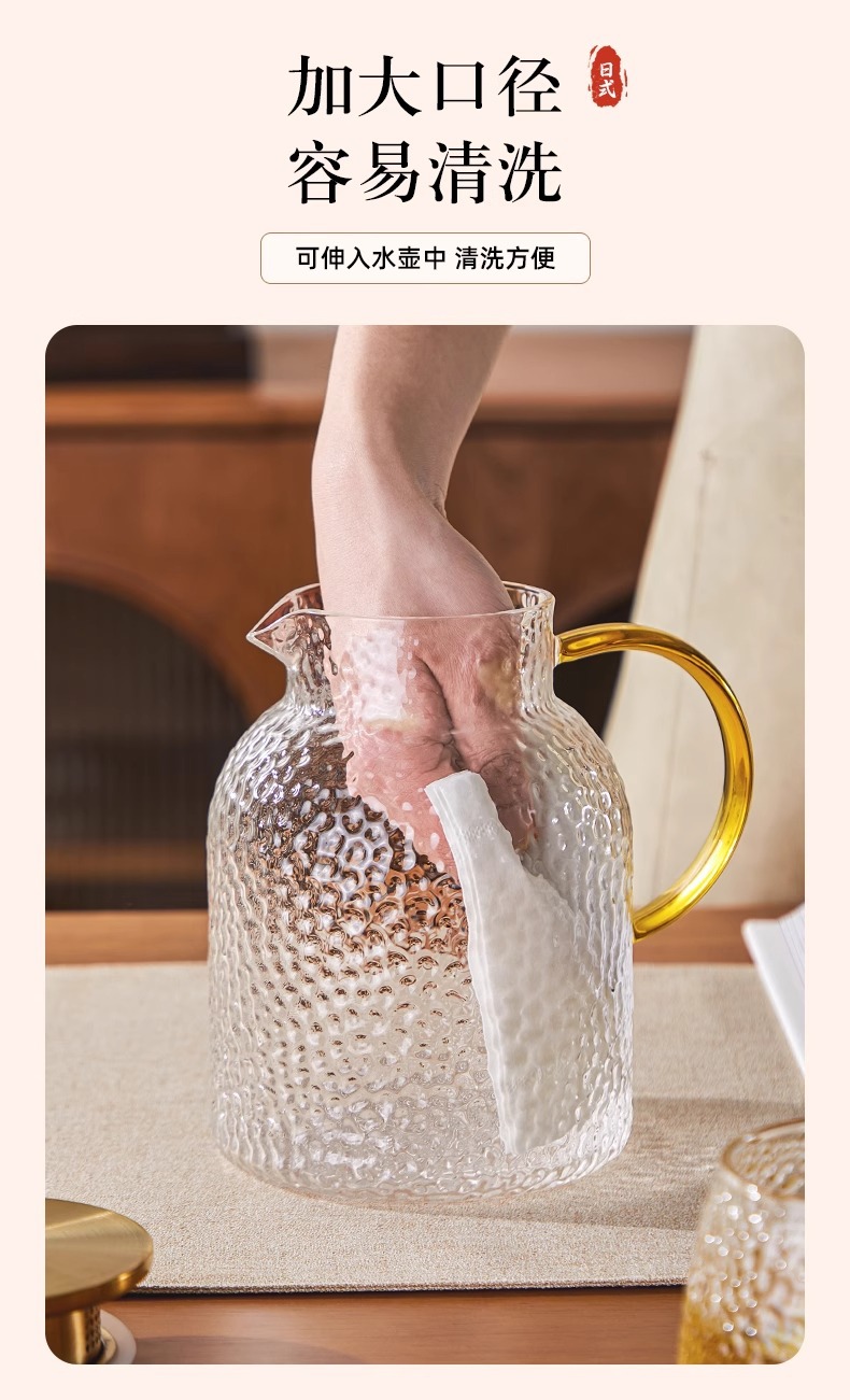 工厂直供高硼硅玻璃水壶家用耐高温轻奢冷水壶圆形锤纹凉水壶套装详情8