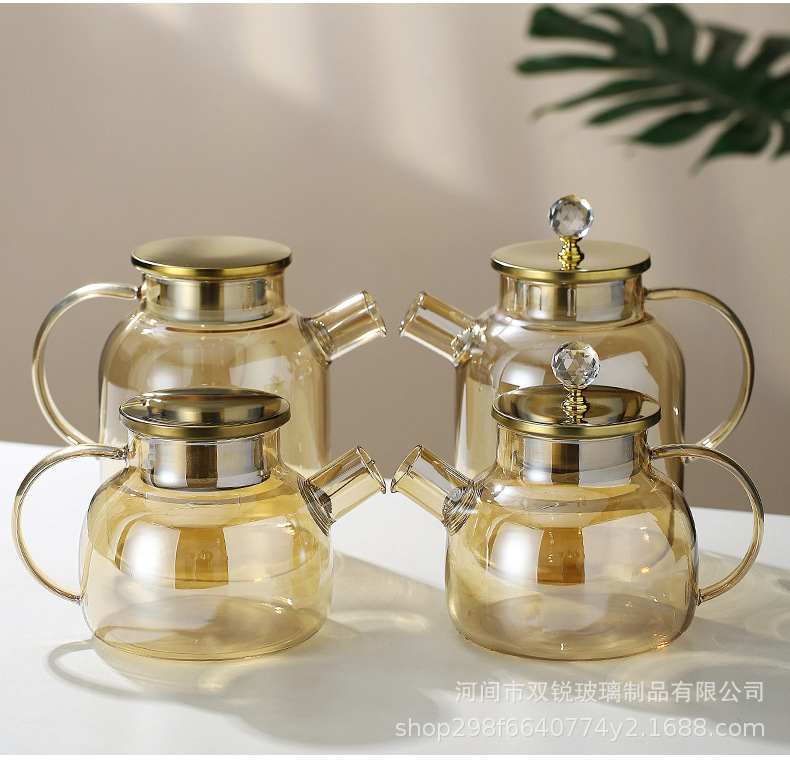Glass cold water bottle, cool water bottle, high borosilicate glass large-capacity cold water cup, tied pot, amber gold light luxury bamboo lid pot pic 12