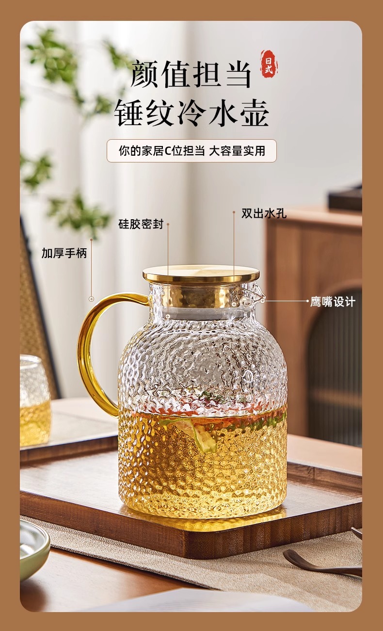 工厂直供高硼硅玻璃水壶家用耐高温轻奢冷水壶圆形锤纹凉水壶套装详情7