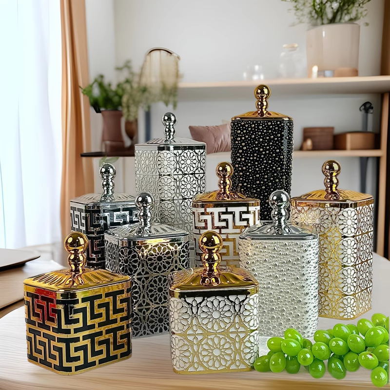 密封罐食品用塑料瓶高级糖果罐储物罐佐料盒简约镂空烫金跨境轻奢详情6