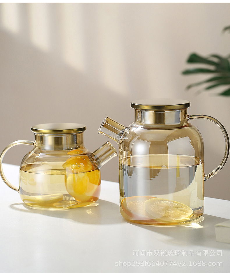 Glass cold water bottle, cool water bottle, high borosilicate glass large-capacity cold water cup, tied pot, amber gold light luxury bamboo lid pot pic 17