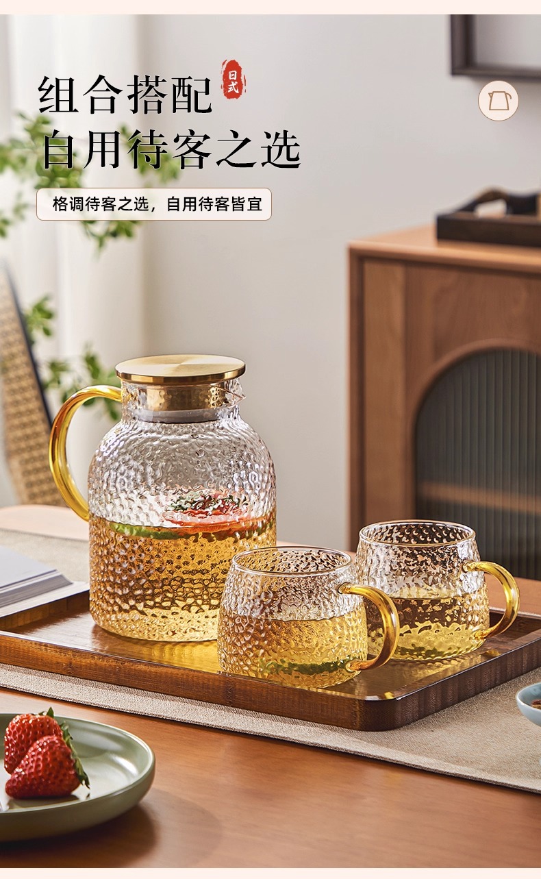 工厂直供高硼硅玻璃水壶家用耐高温轻奢冷水壶圆形锤纹凉水壶套装详情9