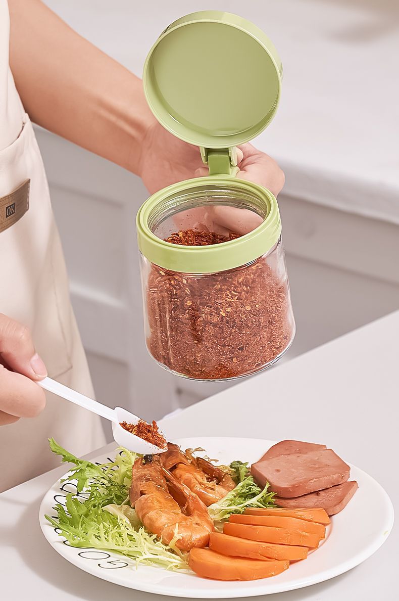 One-piece, no-screw, flip-top seasoning box, oil pot, heat-resistant glass salt box with spoon, kitchen seasoning storage supplies set pic 6