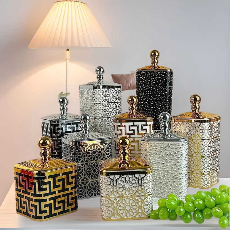 密封罐食品用塑料瓶高级糖果罐储物罐佐料盒简约镂空烫金跨境轻奢详情7