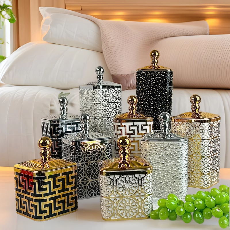 密封罐食品用塑料瓶高级糖果罐储物罐佐料盒简约镂空烫金跨境轻奢详情3