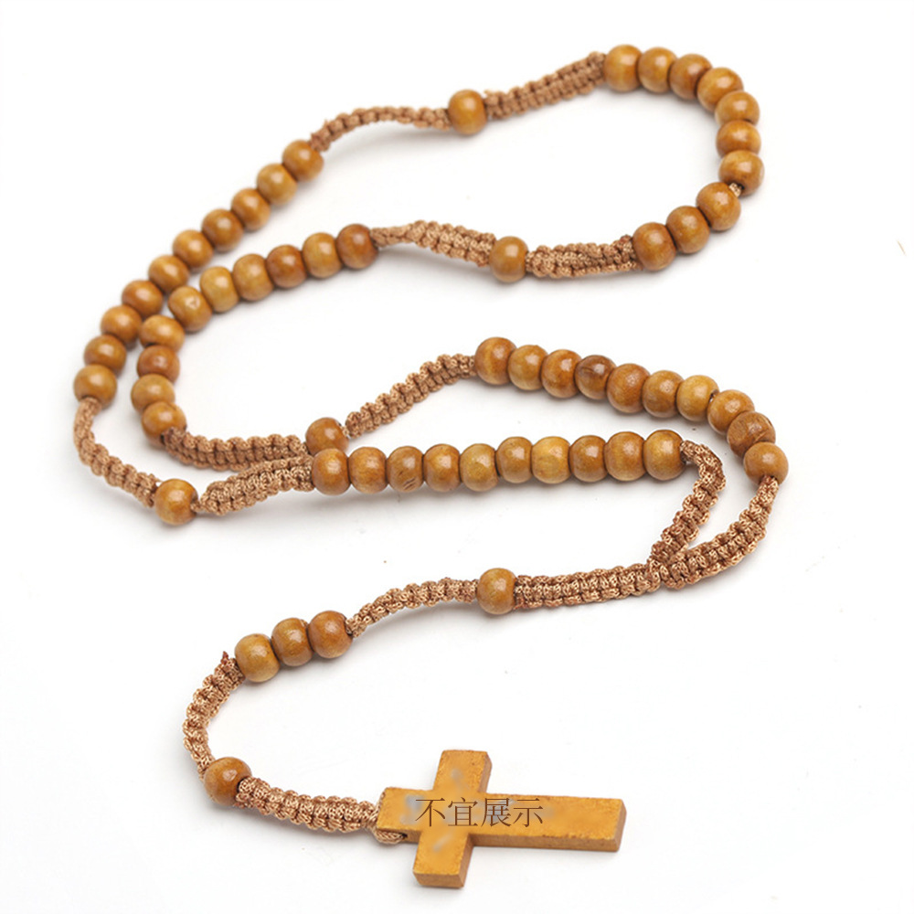 European and American natural wood beads, cross-shaped necklaces, wooden jewelry, hand-strung and woven cross-border jewelry wholesale pic 4