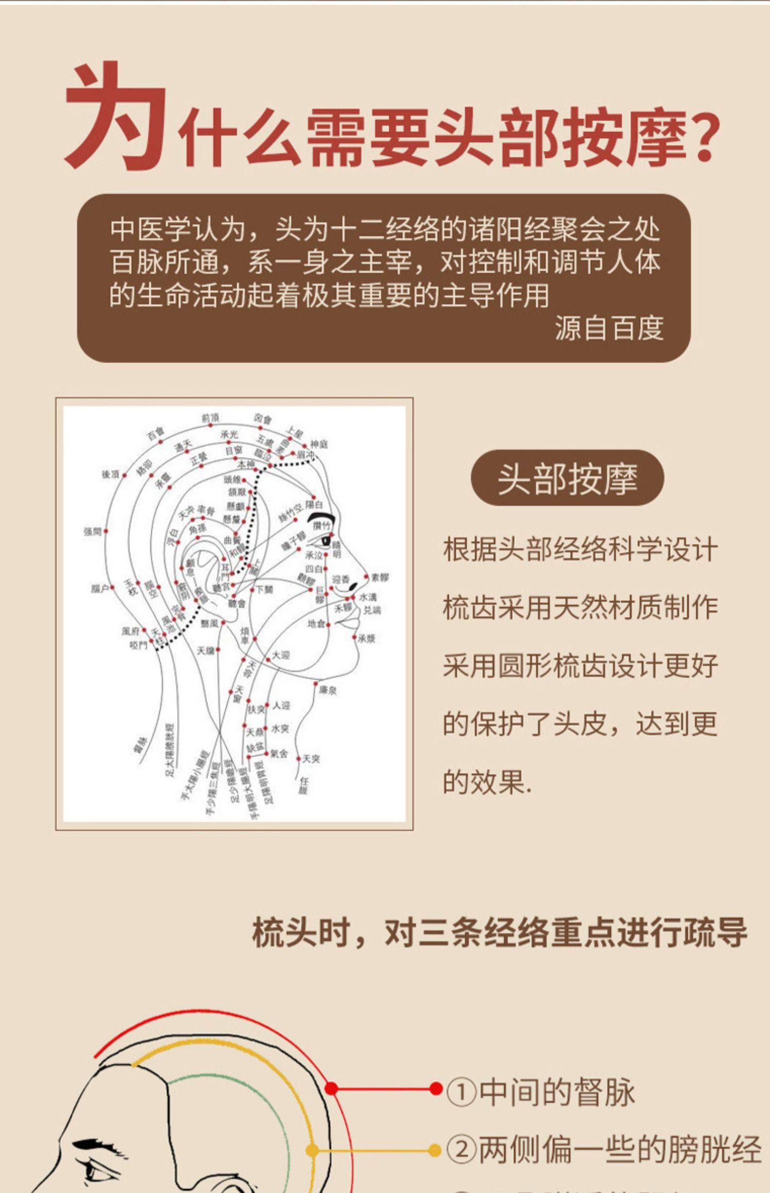 头皮按摩梳檀木梳子男女刮痧头疗头部经络专用圆头大宽齿不易发脱详情2