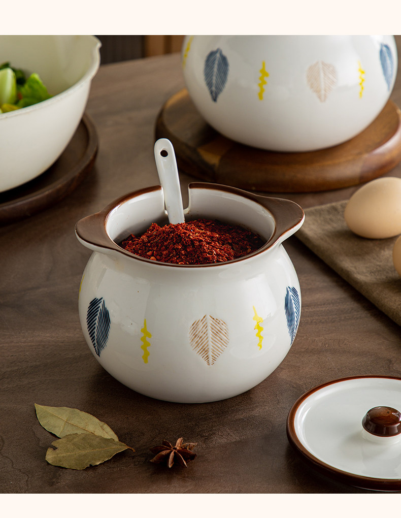 Ceramic lard can, household high-temperature resistant lid spoon, kitchen oil-splashed chili can, large capacity for storing seasonings pic 14