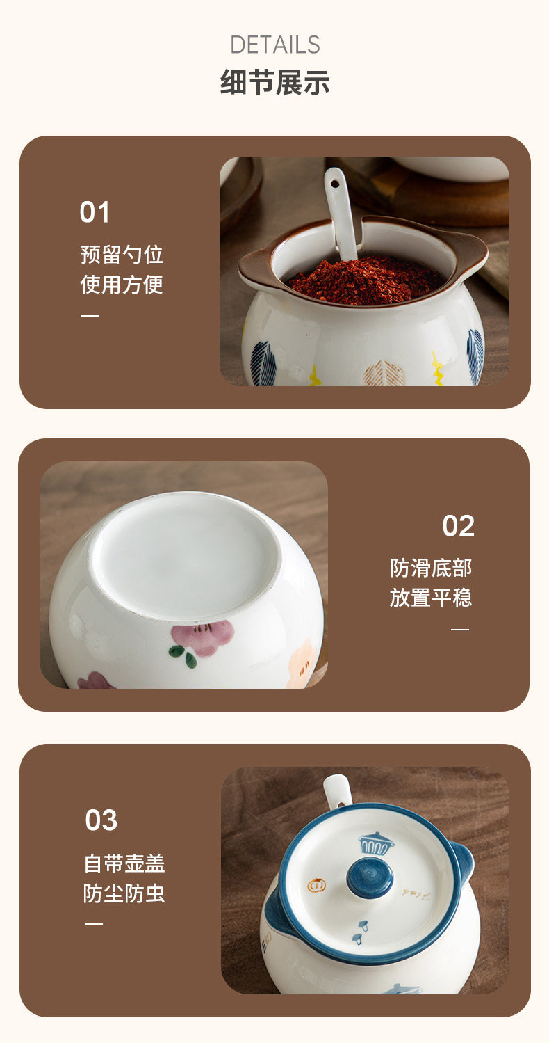 Ceramic lard can, household high-temperature resistant lid spoon, kitchen oil-splashed chili can, large capacity for storing seasonings pic 16