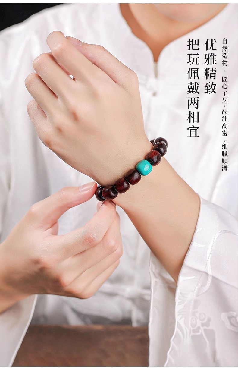 天然小叶紫檀木质老型珠手串蜜蜡玉石顶珠男女情侣款国潮佛珠手链详情3