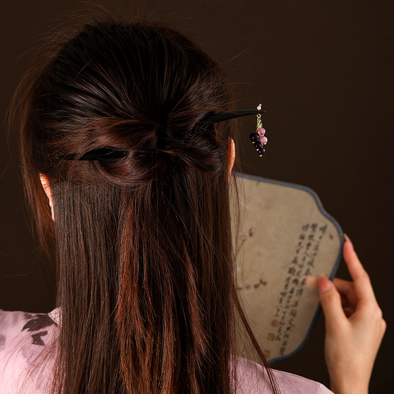 Niche design grape ebony hairpins, new Chinese-style horse face group accessory plate hairpins, ancient-style Hanfu headwear hairpins pic 1