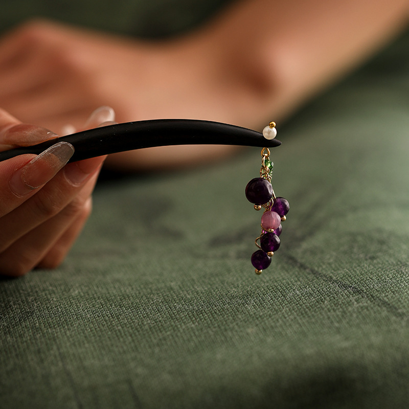 Niche design grape ebony hairpins, new Chinese-style horse face group accessory plate hairpins, ancient-style Hanfu headwear hairpins pic 6