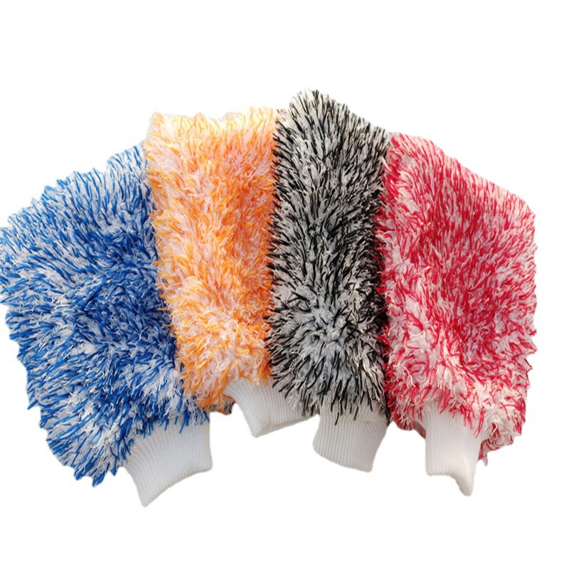 2023 new double-sided colored long and short pile coral pile car cleaning gloves, fine fiber cleaning car washing tools details Picture