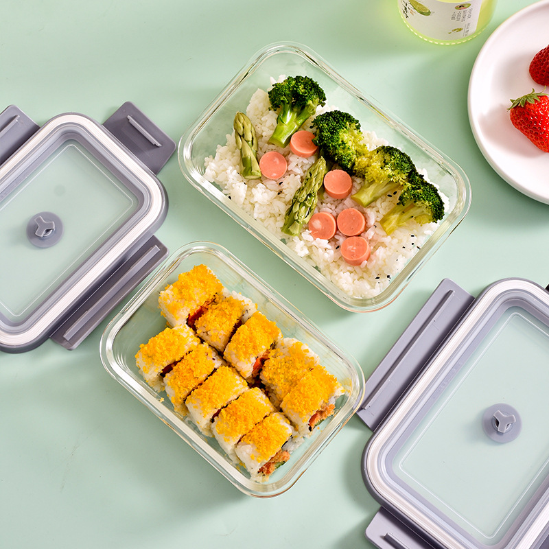 High borosilicate glass lunch box, microwave oven heating, office worker lunch box, sealed heat-resistant lunch box, covered glass bowl
