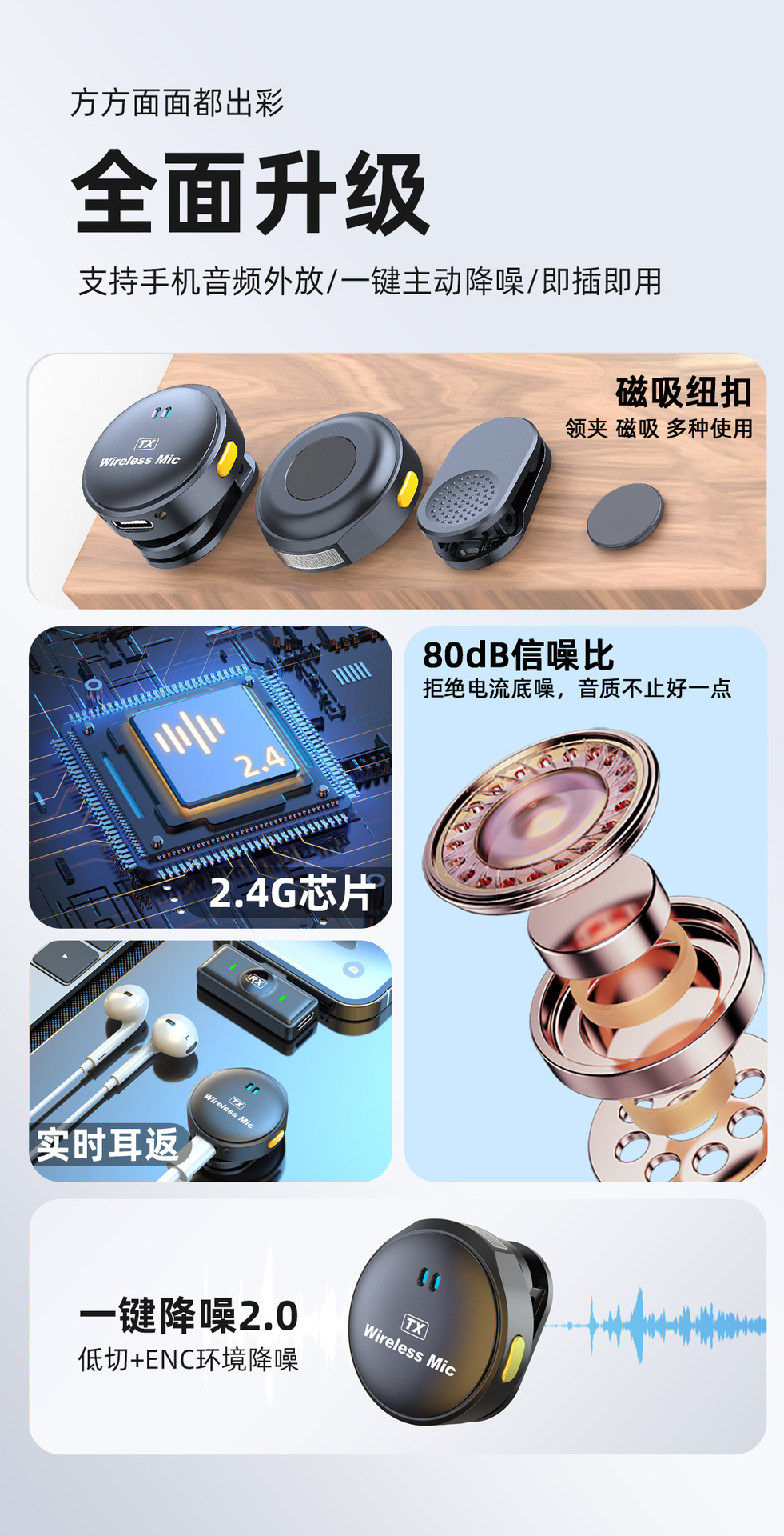 Q8无线领夹麦克风带仓一拖二户外直播续航持久磁吸圆形无线麦克风详情4