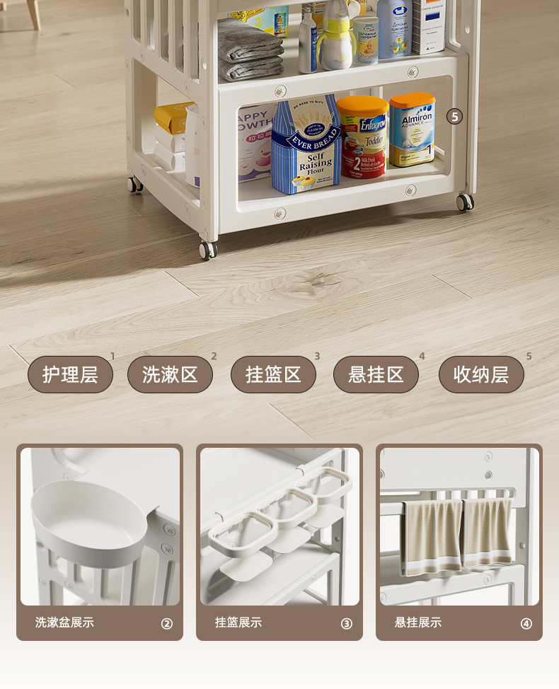 儿童尿布台婴儿护理台新生儿按摩抚触台宝宝小床可移动置物架收纳婴童用品儿童床详情17