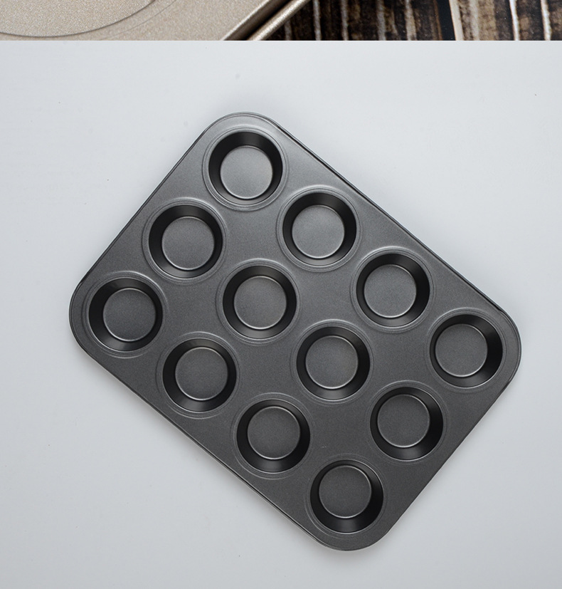 Factory direct supply of non-stick black 12-cup cake trays, round cake molds with holes, household baking utensils, baking trays pic 9