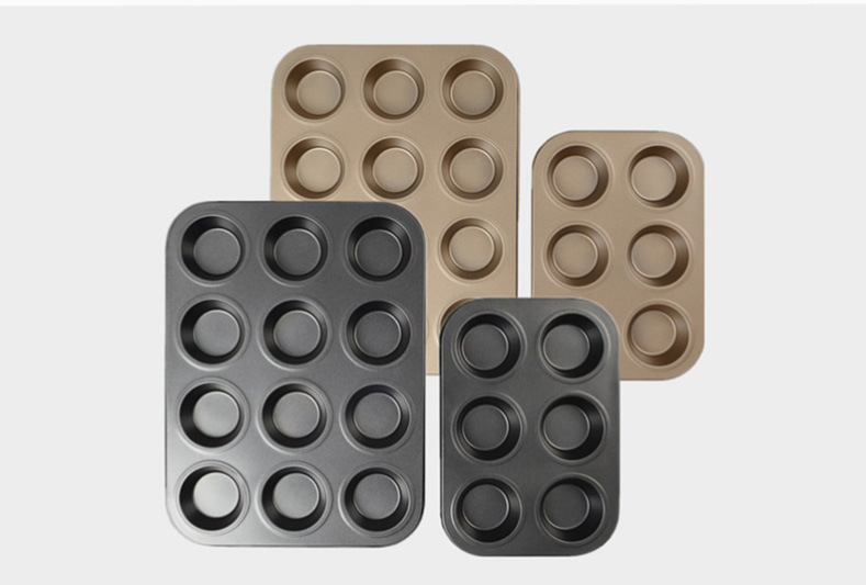 Non-stick 6 12-hole cake mold, round flat-bottom muffin cup, baking tray, home oven baking mold, metal products pic 4