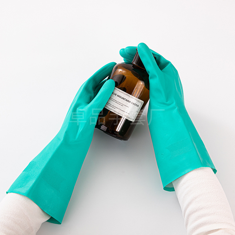 Green nitrile rubber protective acid and alkali resistant industrial gloves, oil-proof chemical thickened durable nitrile labor protection gloves pic 5