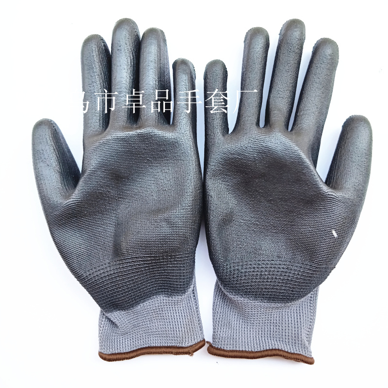 Factory direct sales of 13-needle nylon anti-static grey yarn black PU impregnated and coated palm gloves pic 1