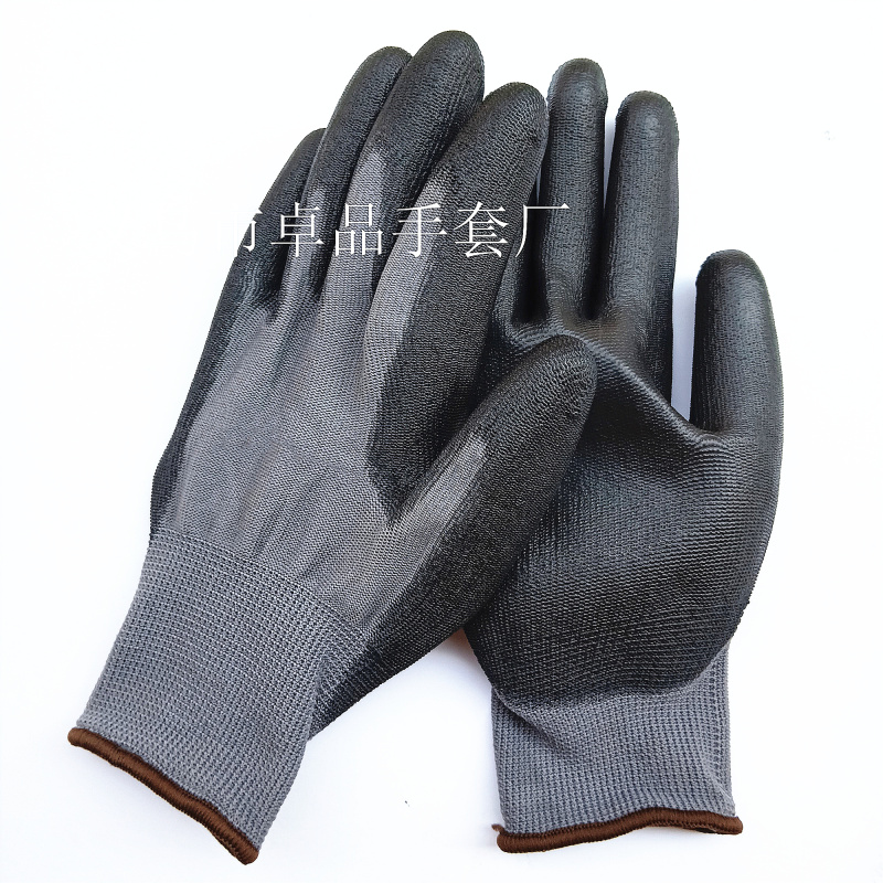 Factory direct sales of 13-needle nylon anti-static grey yarn black PU impregnated and coated palm gloves pic 3