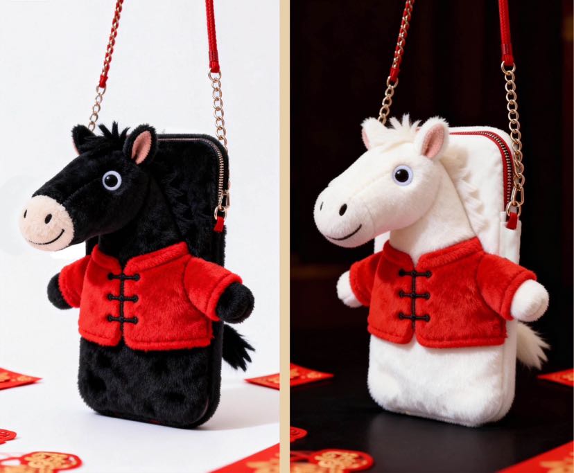玩偶地摊一件代发可爱马年玩偶包手机袋冬季新款单肩斜挎毛绒包马年布偶一件代发详情9