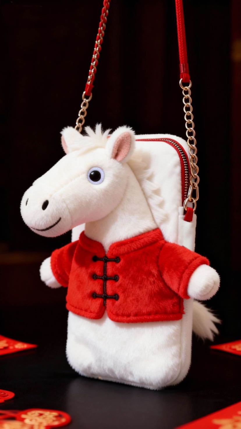 玩偶地摊一件代发可爱马年玩偶包手机袋冬季新款单肩斜挎毛绒包马年布偶一件代发详情6