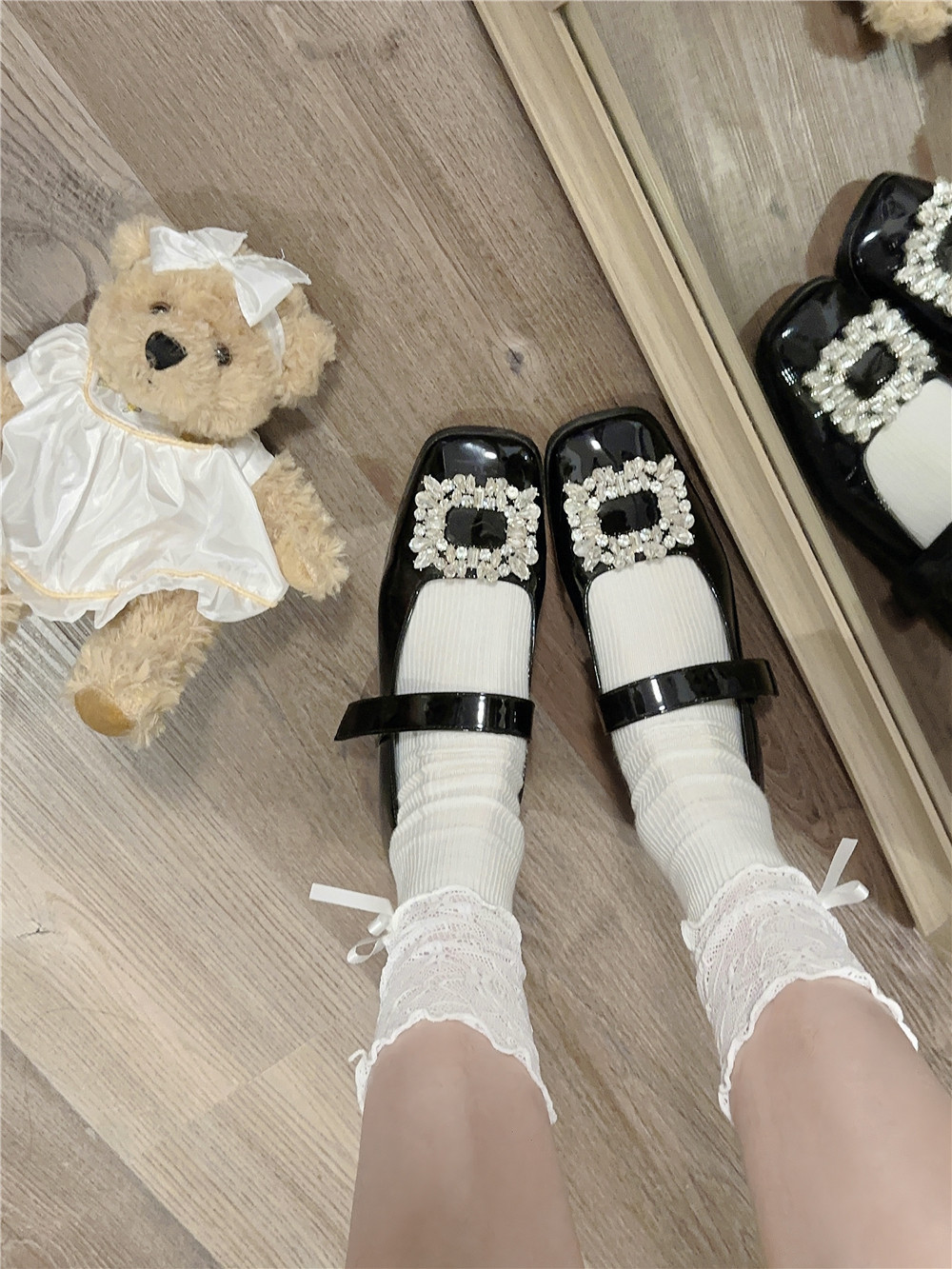 miu系芭蕾小腿袜子女竖纹蕾丝拼接堆堆袜春夏薄款网眼透气jk长袜详情11