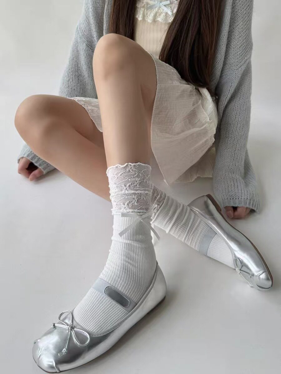 miu系芭蕾小腿袜子女竖纹蕾丝拼接堆堆袜春夏薄款网眼透气jk长袜详情1