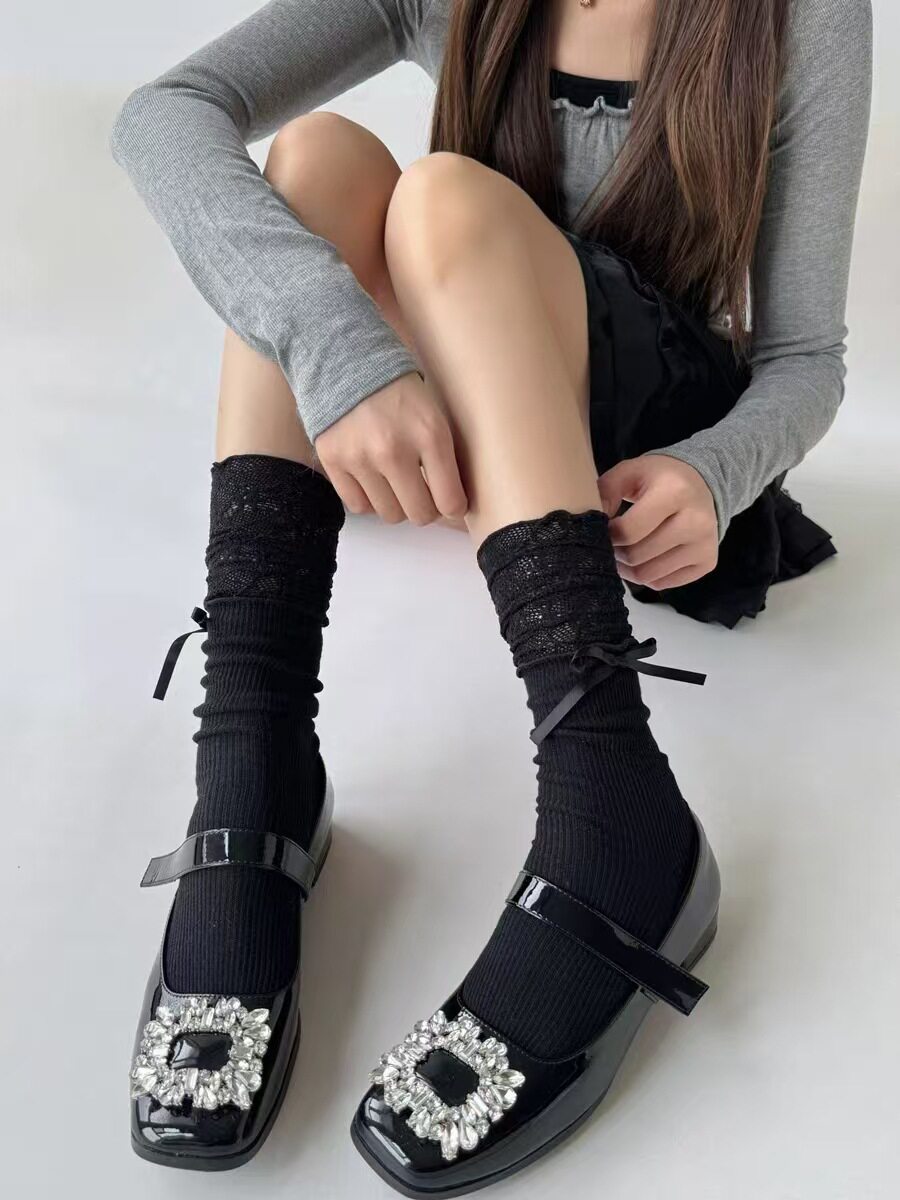 miu系芭蕾小腿袜子女竖纹蕾丝拼接堆堆袜春夏薄款网眼透气jk长袜详情4