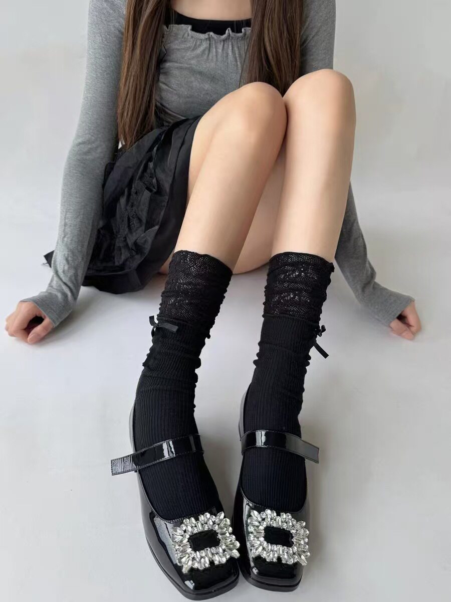miu系芭蕾小腿袜子女竖纹蕾丝拼接堆堆袜春夏薄款网眼透气jk长袜详情3