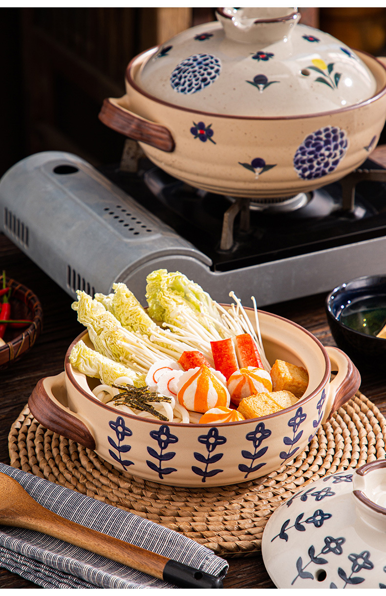 Wholesale of Japanese-style ceramic earthenware POTS, shallow simmering, retro style, hand-painted, heat-resistant household eggplant POTS and open flame frying pans pic 11