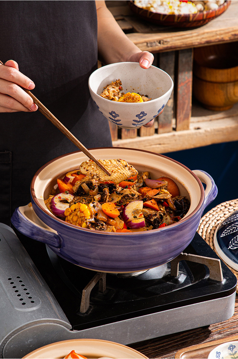 Wholesale of Japanese-style ceramic earthenware POTS, shallow simmering, retro style, hand-painted, heat-resistant household eggplant POTS and open flame frying pans pic 8