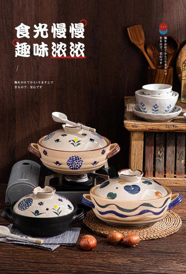Wholesale of Japanese-style ceramic earthenware POTS, shallow simmering, retro style, hand-painted, heat-resistant household eggplant POTS and open flame frying pans pic 1