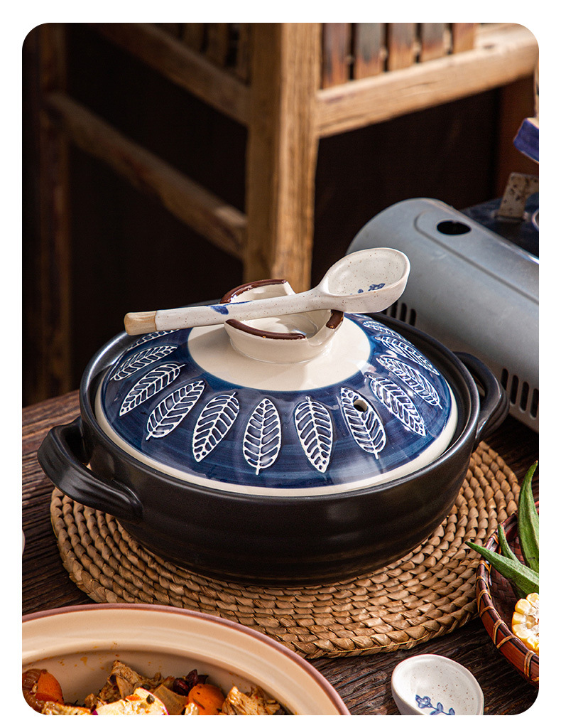 Wholesale of Japanese-style ceramic earthenware POTS, shallow simmering, retro style, hand-painted, heat-resistant household eggplant POTS and open flame frying pans pic 10