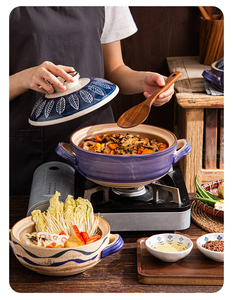 Wholesale of Japanese-style ceramic earthenware POTS, shallow simmering, retro style, hand-painted, heat-resistant household eggplant POTS and open flame frying pans pic 12