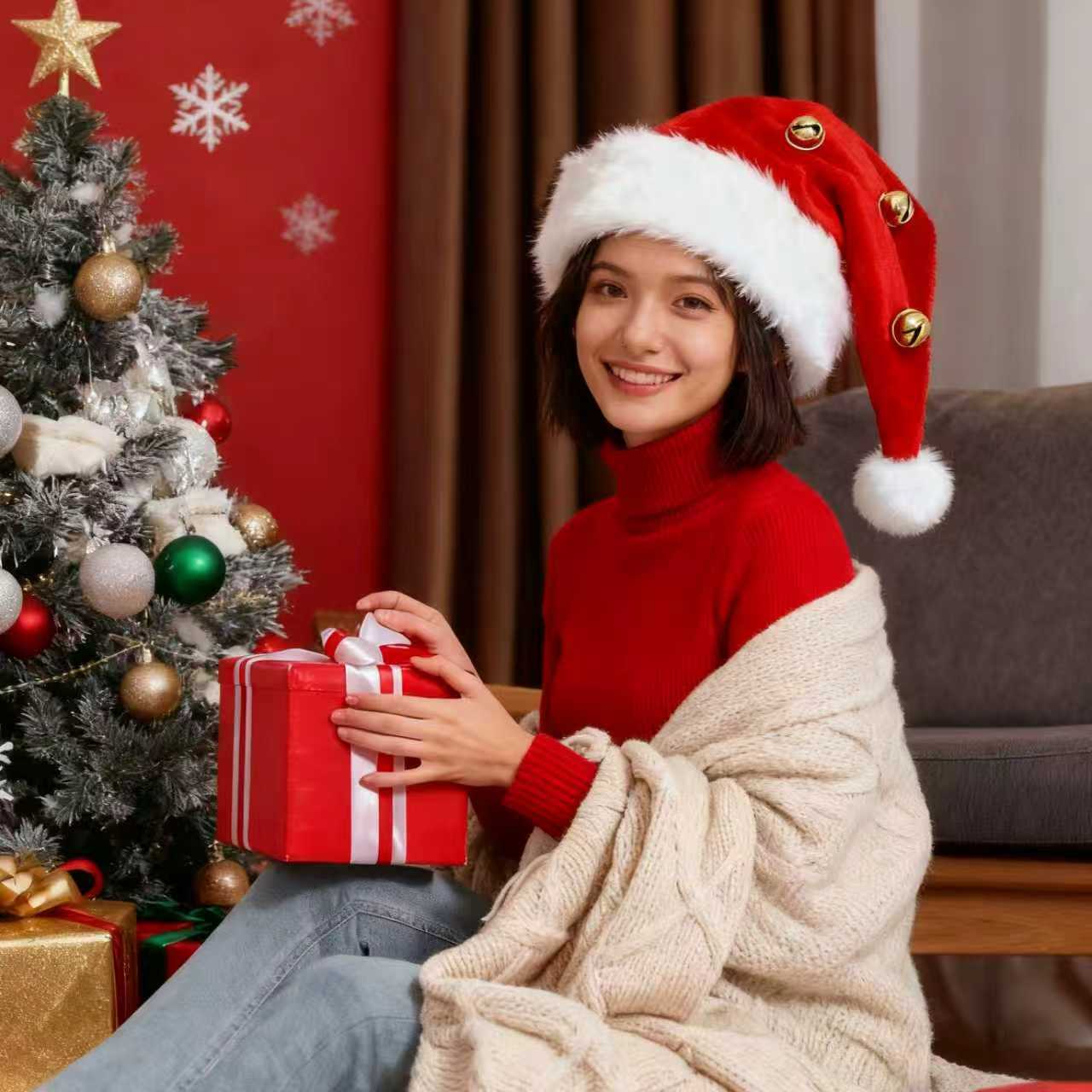 Christmas decorations for 2025: Red, blue, black, pink Christmas trees, plush Christmas hats for adults and children pic 5