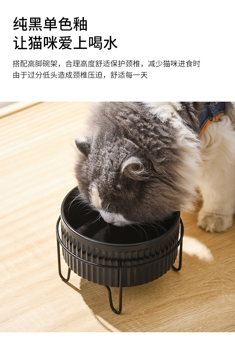 猫咪喝水黑色陶瓷碗猫粮食盆防打翻直口宠物用品抖音同款猫用水盆详情4