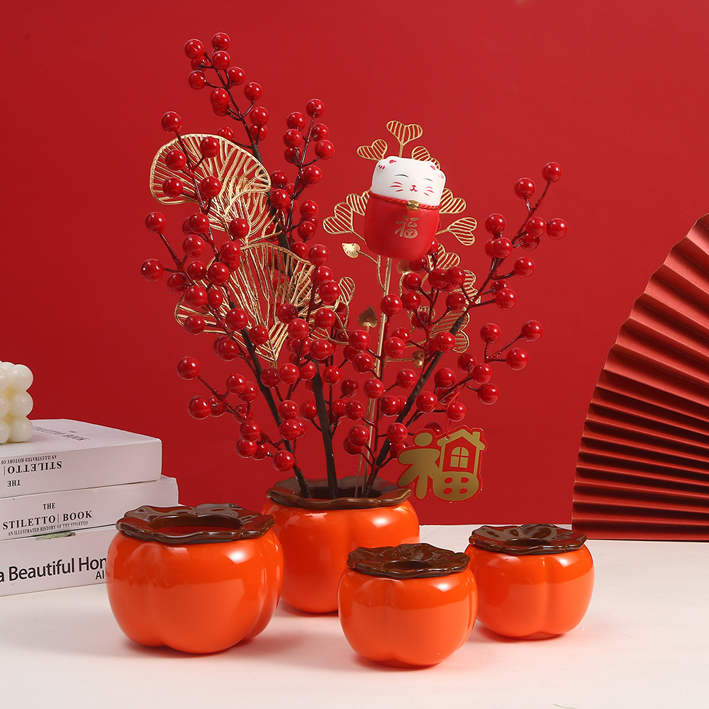 Factory wholesale imitation ceramic persimmon flower POTS, decorative vases, festive persimmon happiness POTS, new Chinese-style plastic flower POTS pic 1