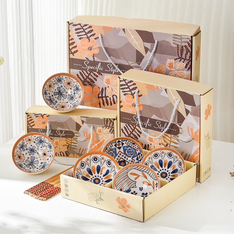 Bamboo weaving bowl and plate sets, Japanese ceramic bowl and plate sets, home rice bowls, opening small gifts, tableware gift sets pic 1