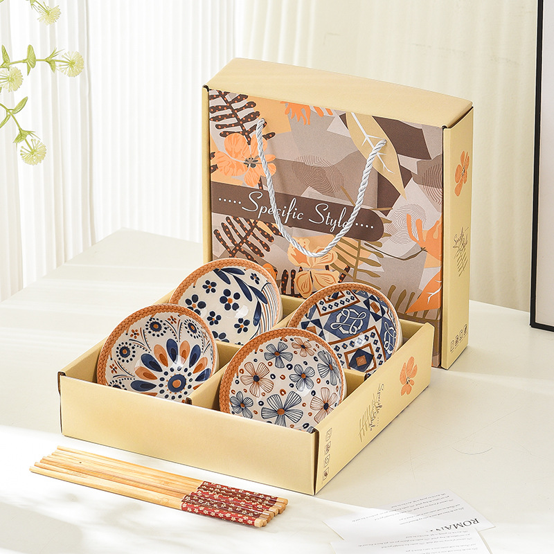 Bamboo weaving bowl and plate sets, Japanese ceramic bowl and plate sets, home rice bowls, opening small gifts, tableware gift sets pic 8