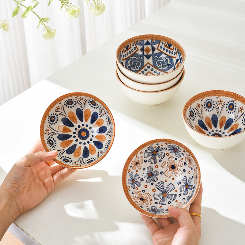 Bamboo weaving bowl and plate sets, Japanese ceramic bowl and plate sets, home rice bowls, opening small gifts, tableware gift sets pic 4