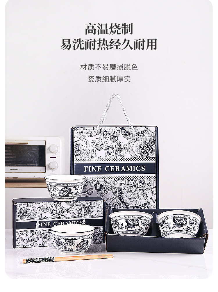 Underglaze color gift bowl set, ceramic tableware bowl gift box set, opening gift event gift bowl and chopstick set, tableware pic 5