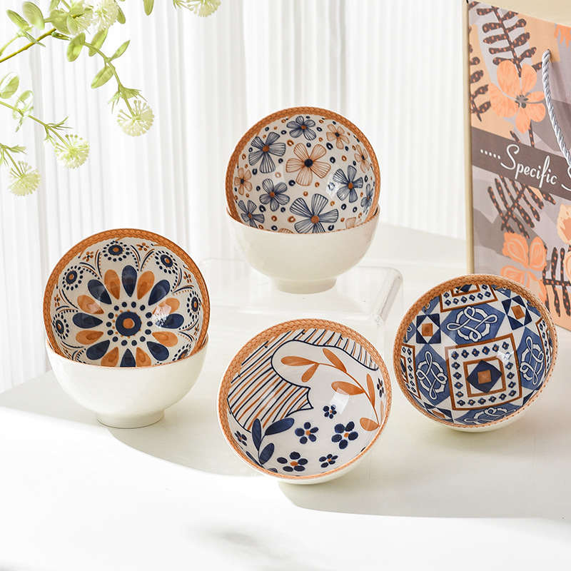 Bamboo weaving bowl and plate sets, Japanese ceramic bowl and plate sets, home rice bowls, opening small gifts, tableware gift sets pic 6