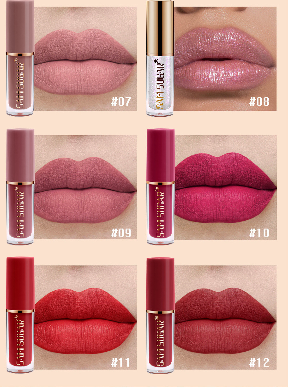 SAM Sugar 12-color Book Lip Gloss Set Matte Matte non-stick Cup Lip Gloss Lipstick Cross-border Makeup wholesale pic 8