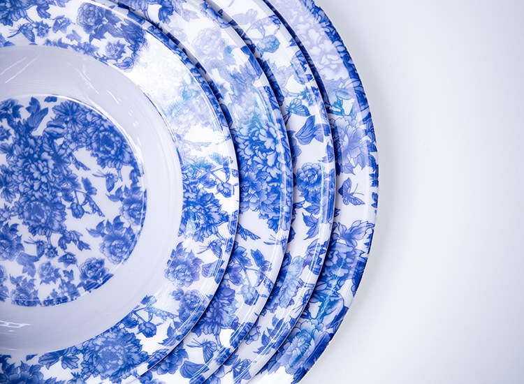 Fast food plates, blue and white plates, melamine creative round melamine dinner plates, imitation porcelain plastic set meal plates, canteen rice plates for commercial use pic 3