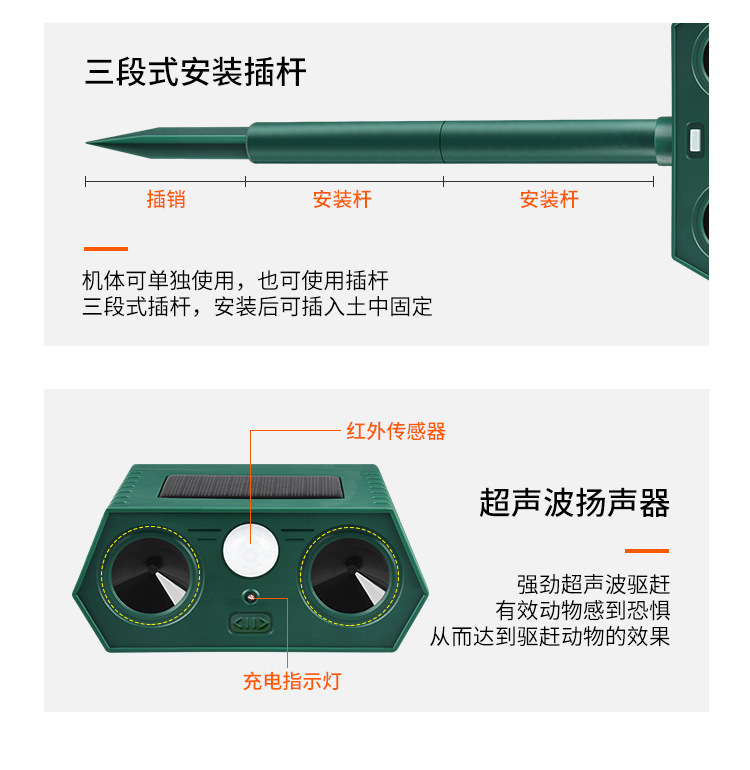 跨境太阳能驱鼠器超声波大功率驱鸟器果园农场爆闪户外庭院驱蛇器详情10