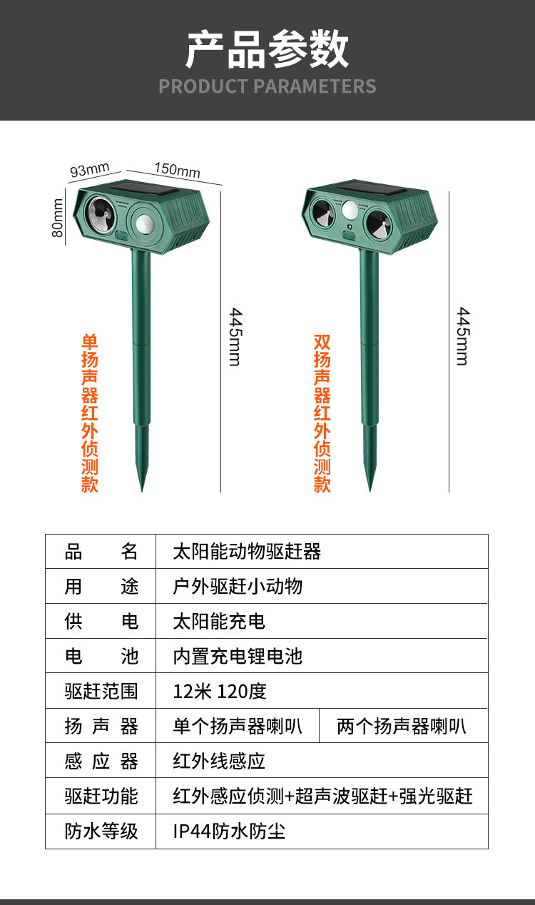 跨境太阳能驱鼠器超声波大功率驱鸟器果园农场爆闪户外庭院驱蛇器详情11